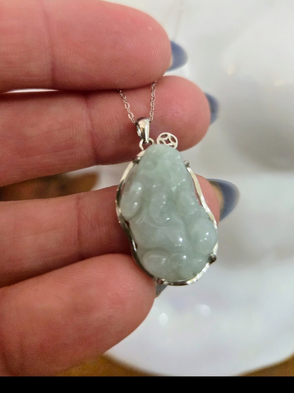 Jade Pale Green Carved Jade Pendant 925 Necklace by Jade